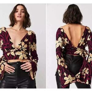 Free People Wrap Top Womens XS Burgundy Floral Cropped Tie Waist Boho Chic‎